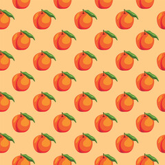 Peach flat seamless pattern on brown background. Wrapping paper, gift card, poster, banner design. Home decor, modern textile print. Summer bright geometric fruits patterned.