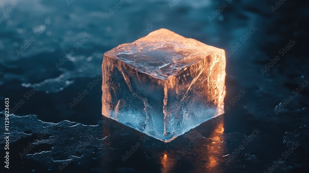 Poster a single cracked ice cube with frosty edges, placed on a black surface and illuminated to showcase i