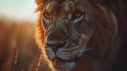 Fototapeta premium Majestic Lion at Golden Hour: A Portrait of Wild Power