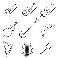 Set of symphonic string musical instruments. Set of stringed instruments with title in thin line.