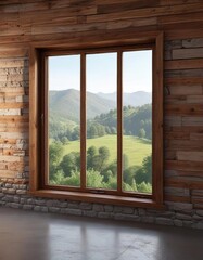 Fototapeta premium Wooden wall with a large window that provides an unobstructed view, wooden frame, wooden wall, expansive space