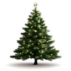 Fototapeta premium A beautifully adorned Christmas tree, illuminated with warm white lights, topped with a golden star, showcasing its lush green foliage against a clean white background.