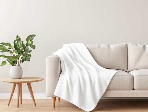 Soft, blank throw blanket draped over a modern sofa in a neutral-toned room, throw blanket mockup, clean and versatile design for home decor