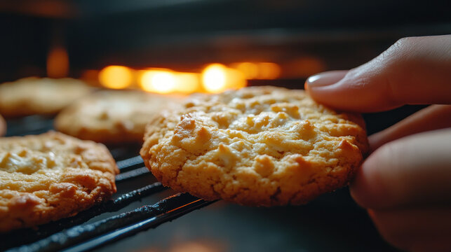 A hand grabbing a cookie from an oven, food festive event
