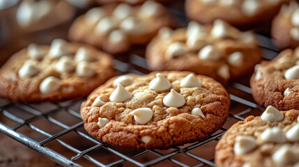 Cookies white chocolate candy chips on a cooling rack