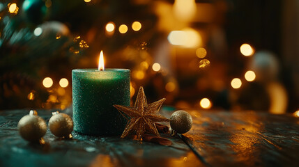 Candlelit display with festive decorations and soft glow during holiday season