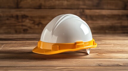 Hard Hat on Wooden Surface: Construction Safety