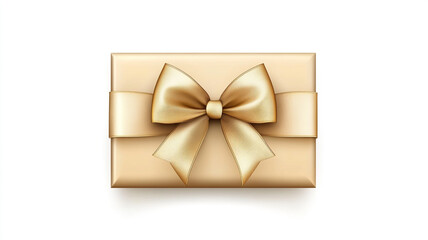 Golden gift box with a golden ribbon bow isolated on white background.