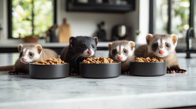 Adorable ferrets enjoying meal in modern kitchen setting