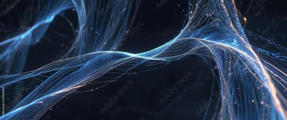 Poster abstract liquid flow on blue background with glowing fibers and luminescent threads, shimmering effe