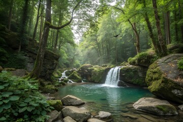 Enchanting Forest with a Serene Waterfall in a Peaceful Environment.