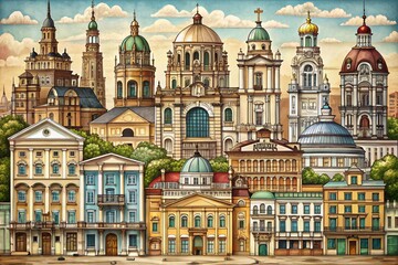 Obraz premium Hand Drawn Buildings Collection: A Unique Exploration of Architectural Styles and Designs Captured in Intricate Sketches for Creative and Educational Uses
