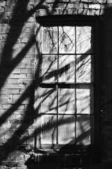 Abandoned Brick Building Window in Black and White