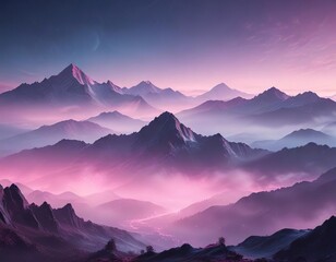 Obraz premium Abstract pink and blue glow illuminating a misty mountain range at dawn , Misty Mountain Range, Landscape