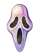 Handcrafted watercolor illustration of a ghost mask with soft edges, minimalist details, and a spooky charm, ideal for Halloween crafts and decorations.
