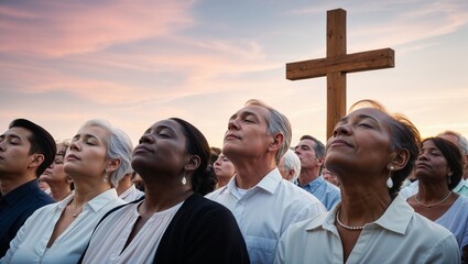 People in contemplative mood, gathered for sunrise service, with a cross against the horizon, against a soft dawn background