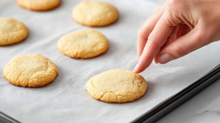 A hand grabbing a cookie from a baking tray, food festive event