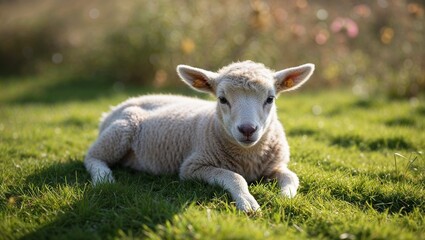 Obraz premium Young lamb with serene mood, lying down on green grass, against a soft-focus wildflower background