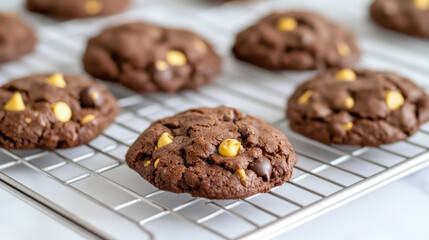 Fototapeta premium Cookies yellow chocolate candy chips on a cooling rack