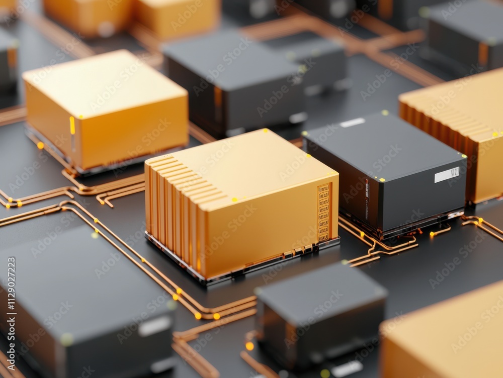Poster a close-up view of stylized shipping containers on a circuit board, representing the fusion of techn