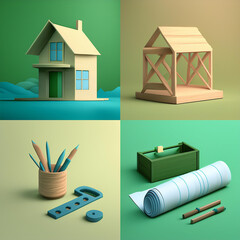 Home renovation-themed icons featuring tools, house designs, and maintenance symbols for professional and DIY projects.