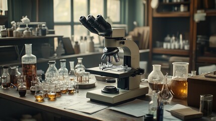 A laboratory scene featuring a microscope and various glassware for scientific research.