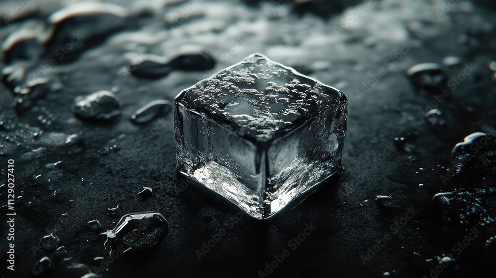 Poster a smooth, clear ice cube on a black surface, with light reflections creating a shimmering effect and