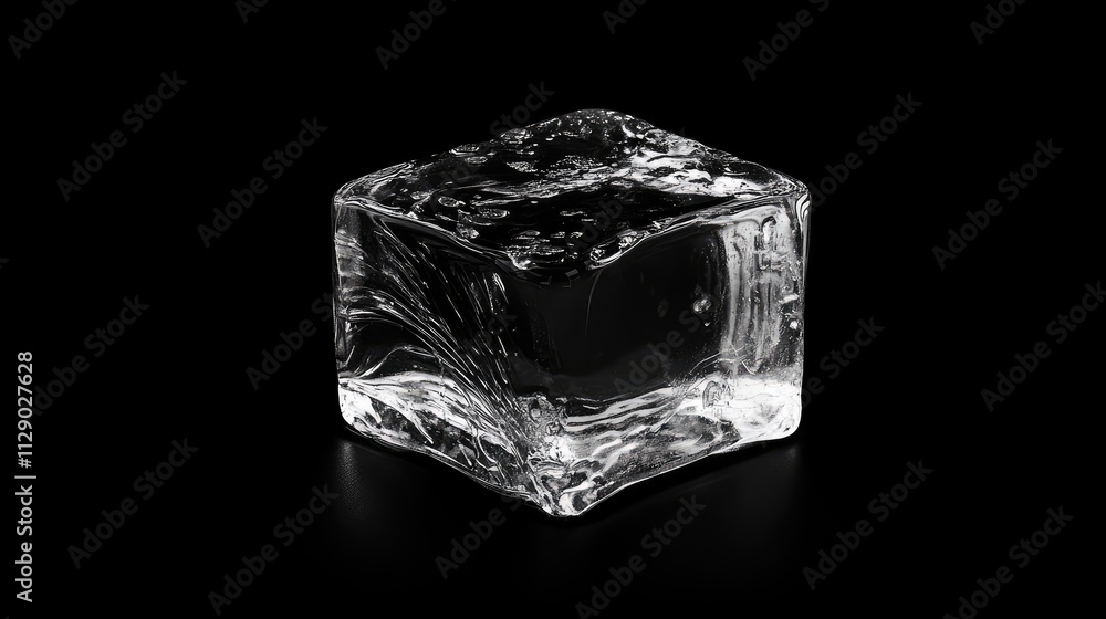 Aufkleber a smooth, clear ice cube on a black surface, with light reflections creating a shimmering effect and