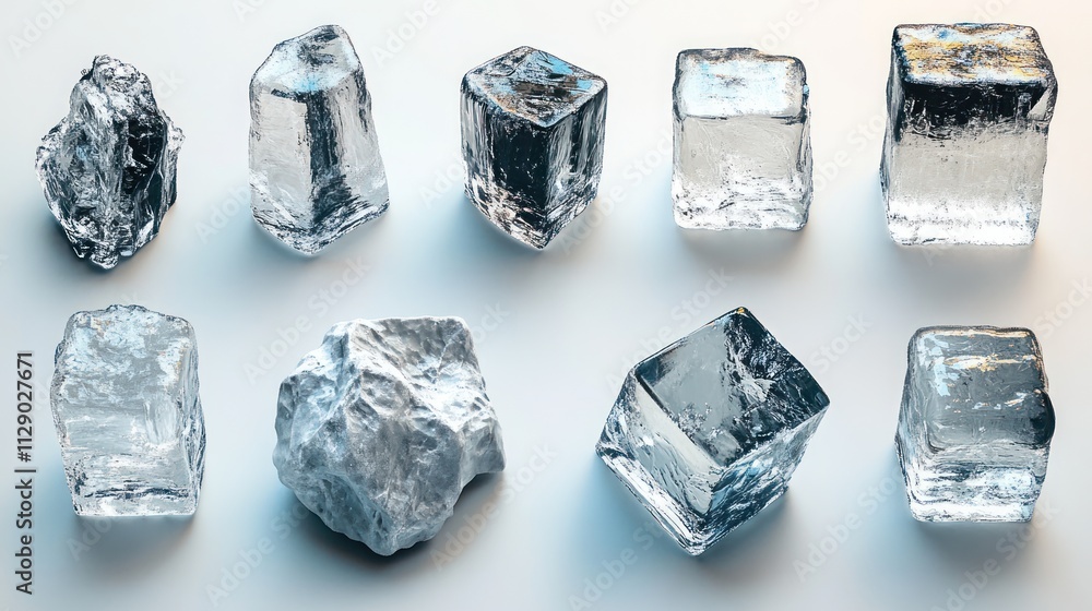 Poster a collection of clear ice cubes in various shapes and sizes.