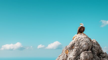 Majestic Eagle Perched on Rocky Peak Against Clear Blue Sky