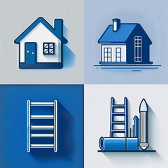 Home renovation-themed icons featuring tools, house designs, and maintenance symbols for professional and DIY projects.
