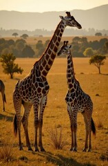 An image of two wild giraffes, a baby and an adult, standing in a grassy savanna under a clear sky.