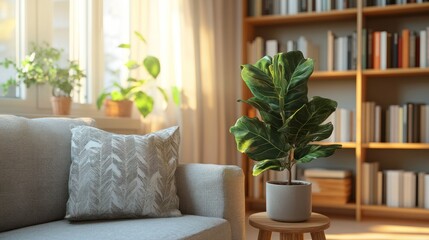 Naklejka premium Sunlight Illuminates Cozy Living Room with Fiddle Leaf Fig