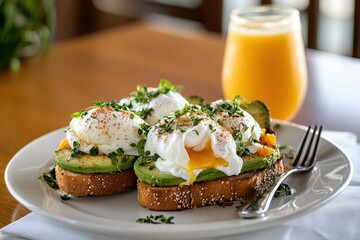 Savoring avocado toast with poached eggs cozy brunch spot food photography relaxing atmosphere close-up shots culinary art