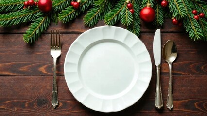 Christmas table setting top view, plate, fork, spoon, knife on the table, festive food setting