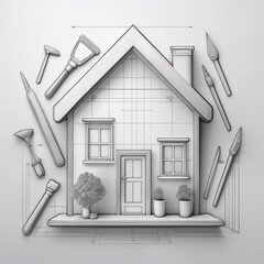 Home renovation-themed icons featuring tools, house designs, and maintenance symbols for professional and DIY projects.