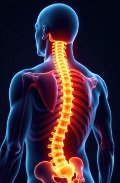 Man, back and spine pain in studio, injury and wellness or healthcare problem or massage neck for inflammation. Scoliosis, backache and tender muscle tension, male person and mock up or x ray overlay.