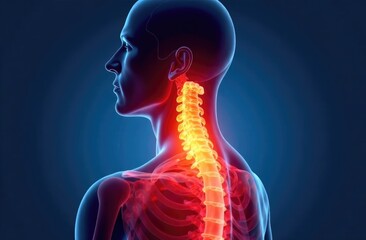 Man, back and spine pain in studio, injury and wellness or healthcare problem or massage neck for inflammation. Scoliosis, backache and tender muscle tension, male person and mock up or x ray overlay.