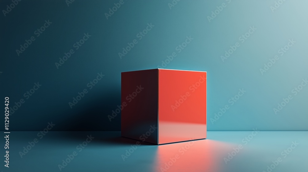 Poster glossy red cube on blue surface with soft light background
