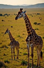An image of two wild giraffes, a baby and an adult, standing in a grassy savanna under a clear sky.