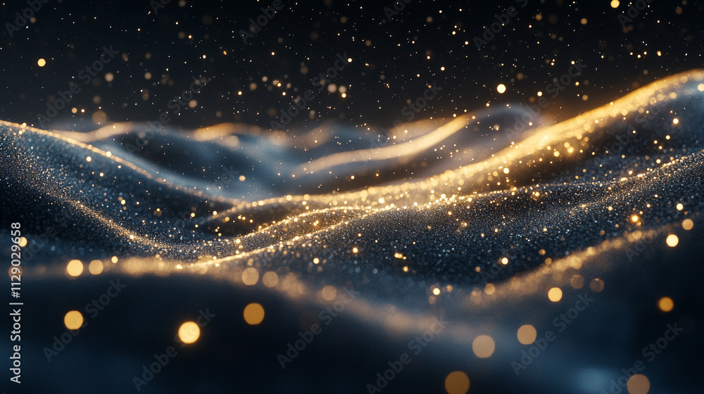 Poster sparkling golden waves shimmer under dark background in an abstract light display
