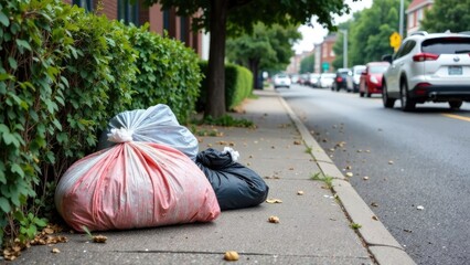 bags of garbage on a city street. Cleaning city streets. Clean planet concept.