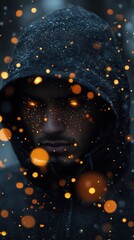 Obraz premium Mysterious figure in a hood illuminated by glowing particles during a foggy twilight in a secluded forest