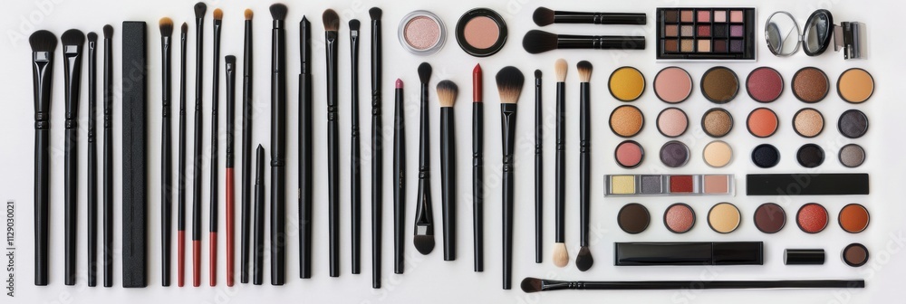 Poster assorted makeup tools such as brushes, eyeshadow palettes, lipsticks, and powders are neatly arrange