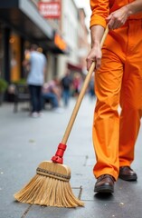 municipal worker sweep the road with broomstick and collects garbage in  scoop. sanitation worker sweep street