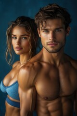 Couple poses confidently against a dark background showcasing their fitness and strength while wearing casual athletic attire in a studio setting