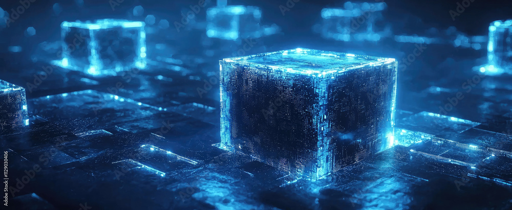 Wall mural digital data cubes in blue futuristic cyberspace, glowing blocks with cyber energy like tech innovat
