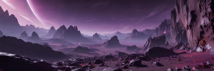 Fototapeta premium The surface of a purple planet reveals a glowing ring embedded in its rocky terrain , geological formation, glowing ring, atmospheric glow