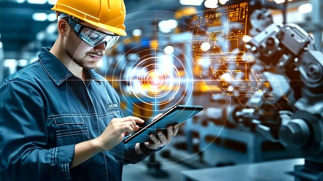 A female worker in overalls and safety gear uses a digital tablet to program a robotic arm, her industrial workspace filled with modern equipment and well-organized tools.