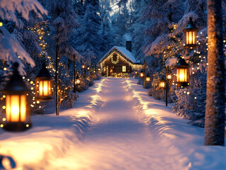 A cozy cabin illuminated by lanterns along a snowy path, surrounded by winter trees, creating a magical holiday atmosphere.